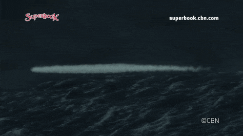 an advertisement for superbook.cbn.com with a stormy ocean in the background