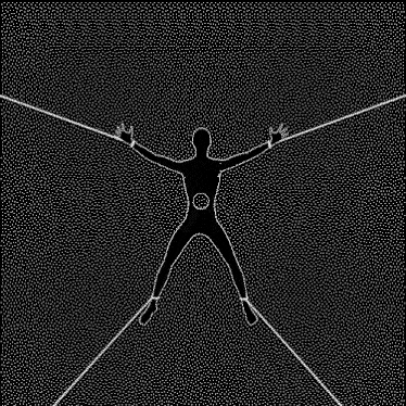 a black and white drawing of a person tied to a rope with their arms outstretched .