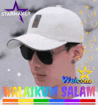 a picture of a man wearing sunglasses and a white hat with the words welcome written on it