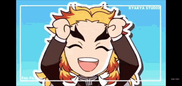 a cartoon of a man with fire hair is laughing and making a funny face