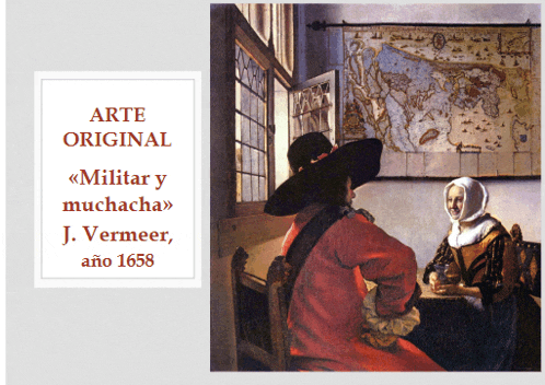 a painting of a man and woman sits next to a sign that says arte original militar y muchacha j. vermeer