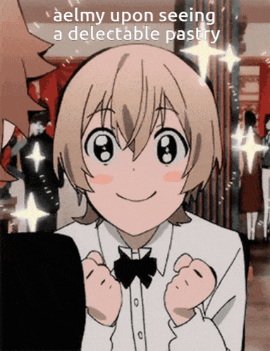 a cartoon of a girl with the caption aelmy upon seeing a delictable pastry