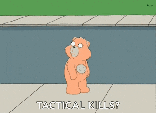 a cartoon of a teddy bear floating in a pool with the words " tactical kills " written below it