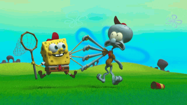 a cartoon of spongebob and squidward playing a game