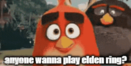two angry birds are standing next to each other with the words anyone wanna play elden ring written below them .