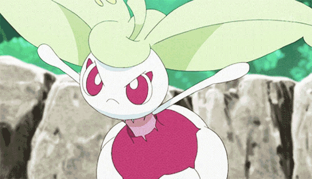 a cartoon character with a pink and white body and a green head