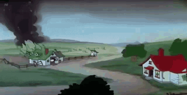 a cartoon scene of a village with a tornado coming in .