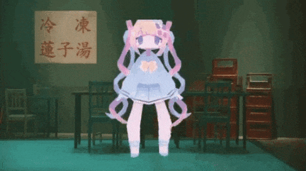 a cartoon girl is standing in front of a table and chairs in a restaurant .