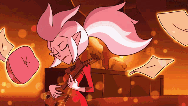 a cartoon drawing of a girl playing a guitar with a letter a flying around her