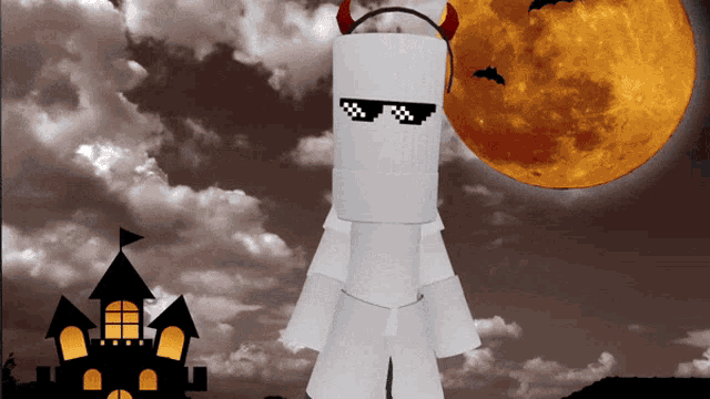 a cartoon character wearing sunglasses and devil horns is standing in front of a full moon