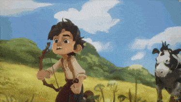 a boy with a bow and arrow is standing next to a cow in a field