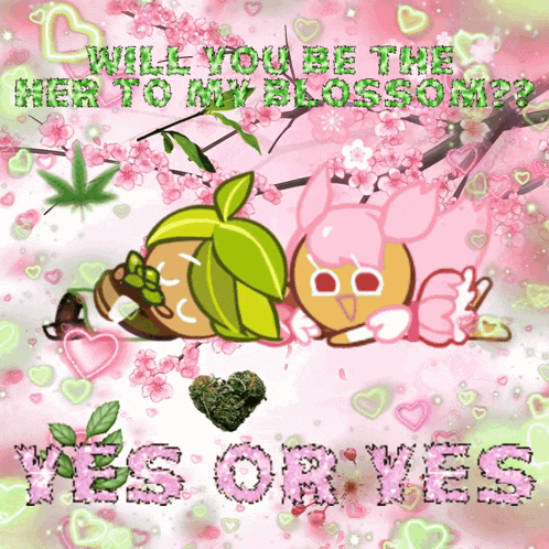 a picture of a cookie and a bunny with the words will you be the her to my blossom yes or yes
