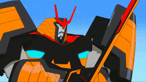 a black and orange robot with blue eyes is holding a red sword