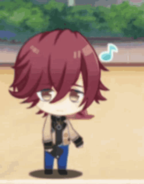 a cartoon character with red hair is standing in a field with a music note in the background .