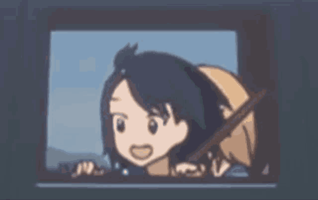 a cartoon of a girl looking out of a window with a pencil in her hand .