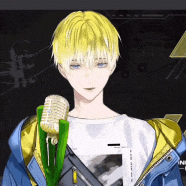 a boy with blonde hair and blue eyes is holding a microphone in his hand