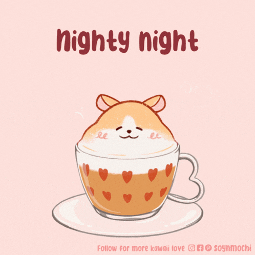 a drawing of a cup of coffee with a hamster in it and the words nighty night below it