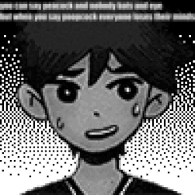 a black and white pixel art drawing of a boy with a sad look on his face .