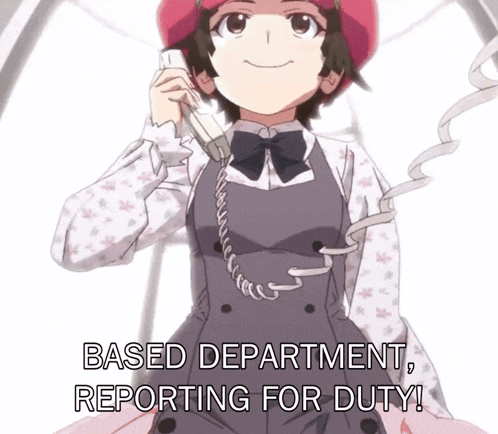 a girl talking on a phone with the words based department reporting for duty written below her