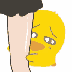 a cartoon duck is hiding behind a woman 's leg and making a sad face .