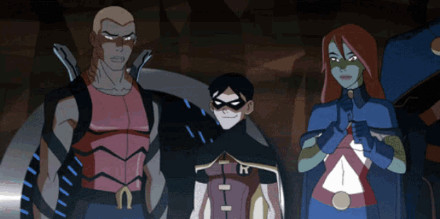 a group of cartoon characters are standing next to each other and one of them has the letter r on his shirt