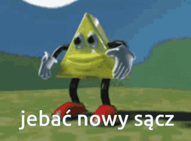 a yellow triangle with arms and legs and the words jebac nowy sacz