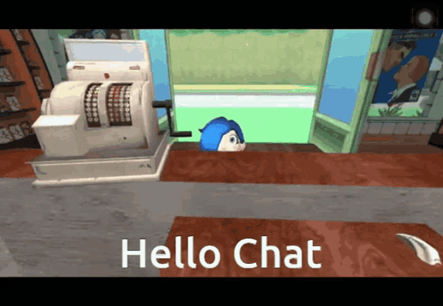 a cartoon of a person behind a counter with the words hello chat