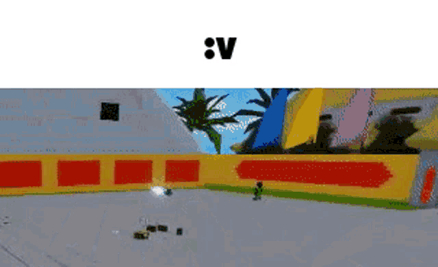 a person is playing a video game in front of a fence with a palm tree in the background .