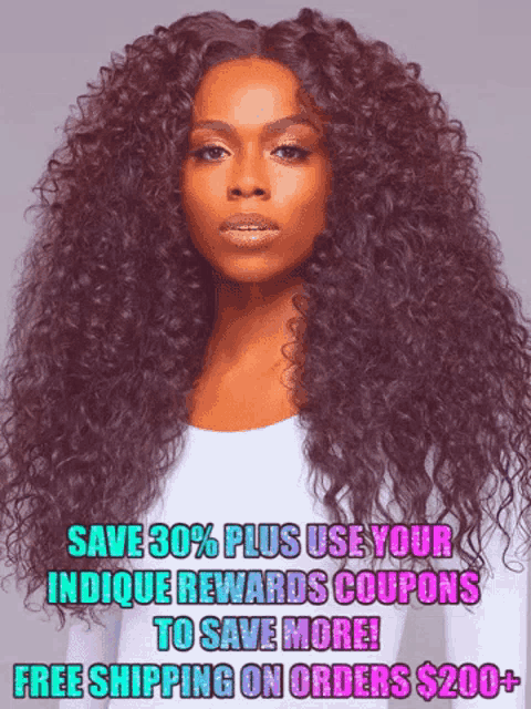 a picture of a woman with curly hair and the words save 30 % plus use your indicque rewards coupons to save more free shipping