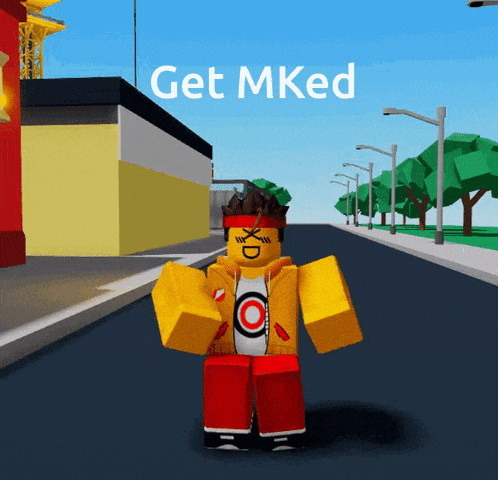a cartoon character is standing on a street with the words get mked written above him