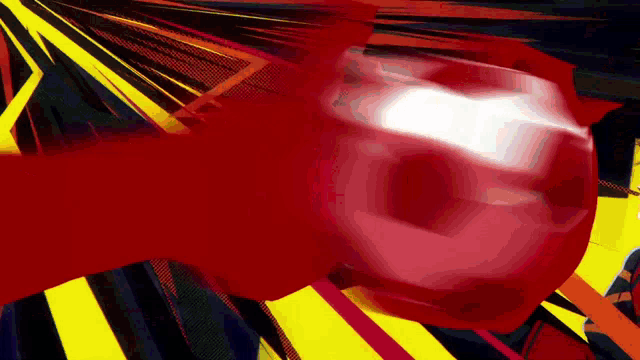 a red object is being thrown in the air with a yellow background