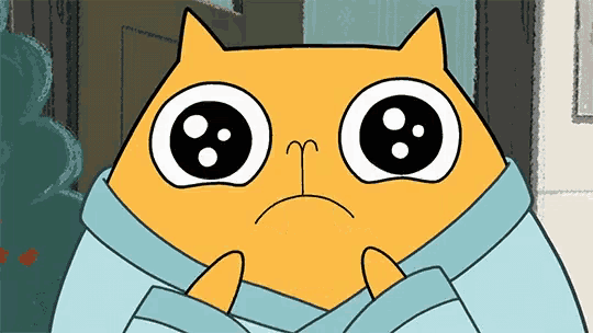 a cartoon cat is wrapped in a blue blanket and has a sad face .