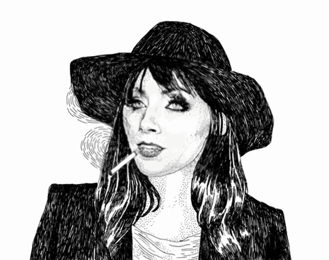 a drawing of a woman wearing a hat smoking a cigarette