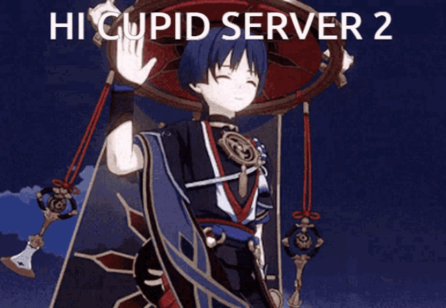 a cartoon character says hi cupid server 2 while waving his hand