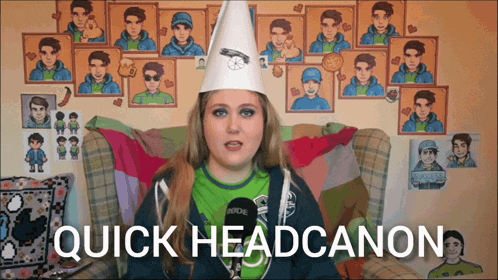a woman wearing a white cone hat is sitting in a chair with the words quick headcanon written below her