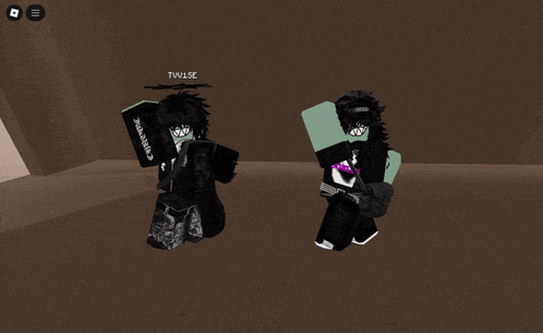 two roblox characters are standing next to each other and one of them has twwise written on his head
