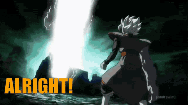 a cartoon character is standing in front of a lightning bolt and the word alright is above him