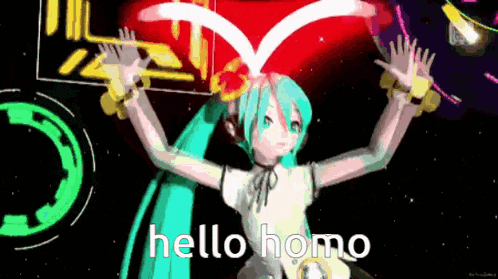 hatsune miku is dancing in a video game with the words hello homo written on the bottom .