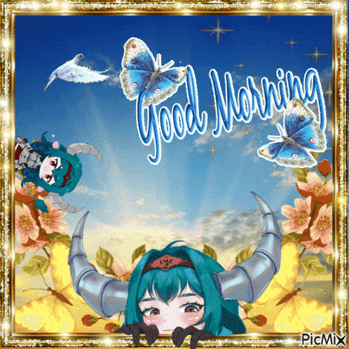 a picture of a girl with horns and butterflies that says " good morning "