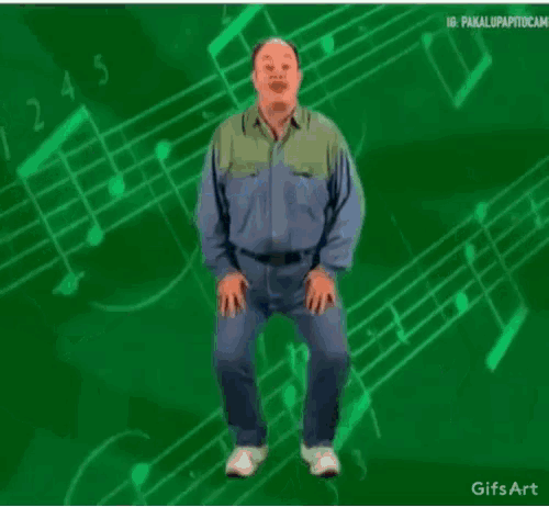 a man in suspenders is dancing in front of a green background with music notes