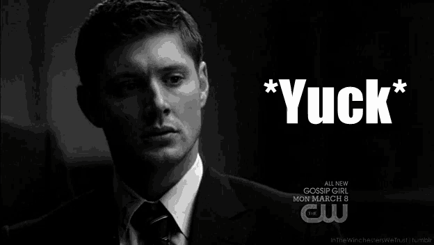 a black and white photo of a man in a suit and tie with the words * yuck *