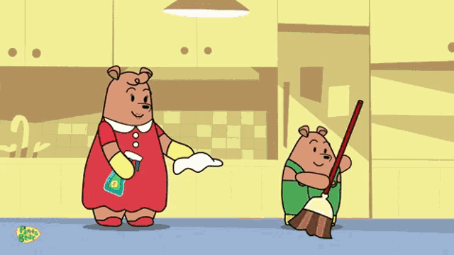 a little bear cartoon shows two bears cleaning a kitchen floor