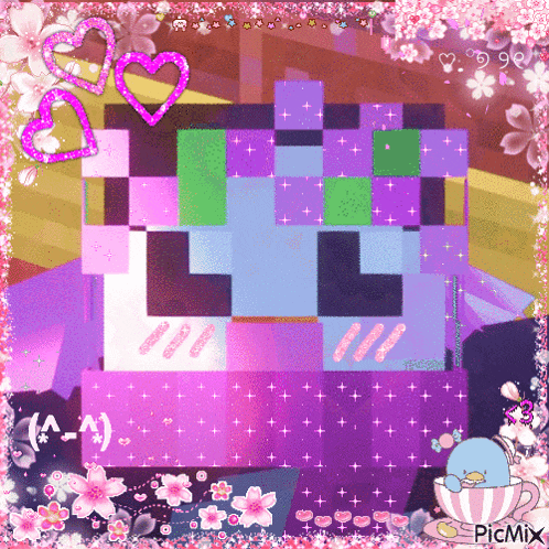 a picture of a minecraft character with a pink and purple border