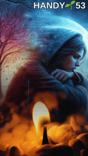 a painting of a woman with a hood and the words handy 53