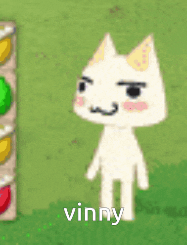 a cartoon cat is standing in the grass with the word vinny written on it