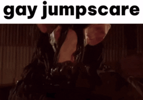 a man with his eyes closed and the words gay jumpscare written above him