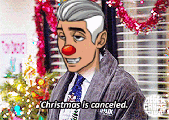 a man with a clown nose says christmas is canceled in front of a christmas tree