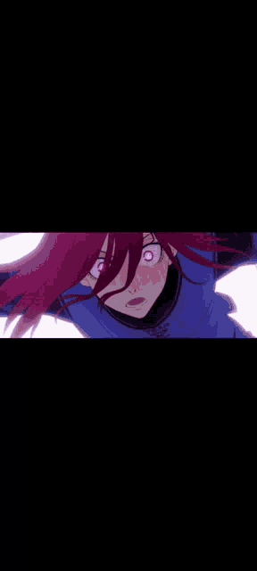 a girl with red hair and purple eyes is flying through the air .