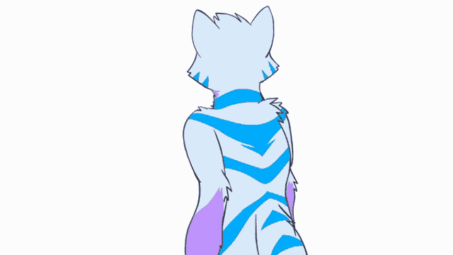 a drawing of a purple and white furry animal with a hand on its chin