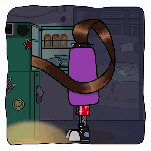 a cartoon drawing of a person standing in front of a refrigerator
